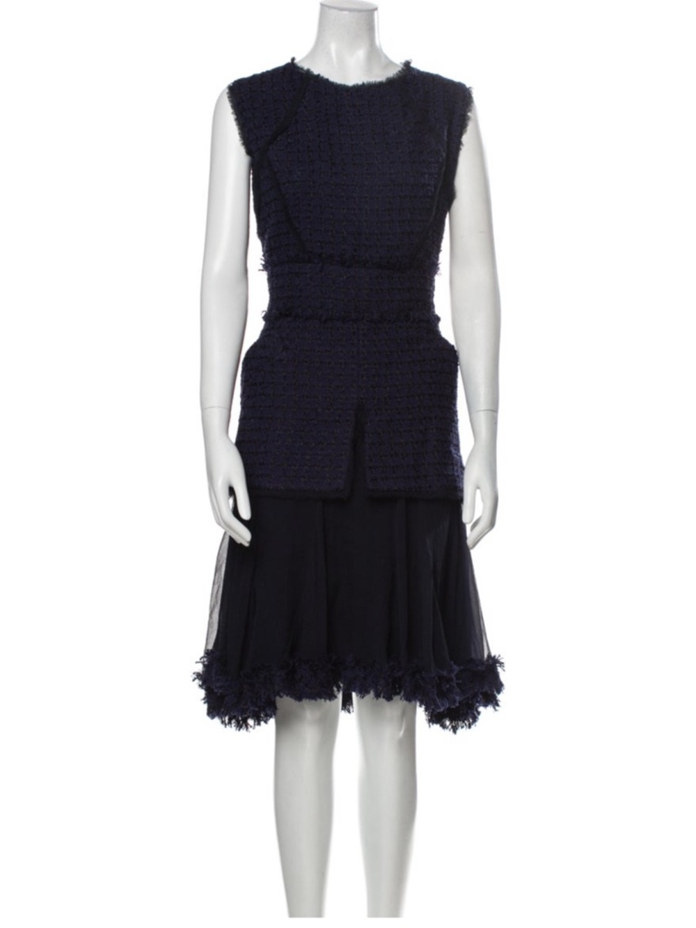 Oscar de la Renta Navy Textured Sleeveless Mini Dress with Fringed Hem